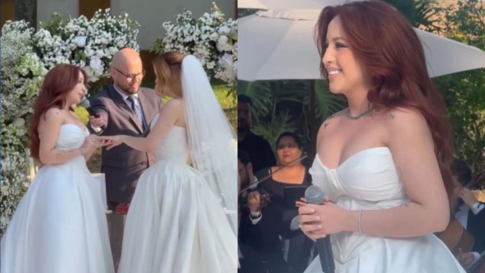 Imagem de Mari Fernandez emociona público ao cantar na entrada de Júlia Ribeiro durante casamento