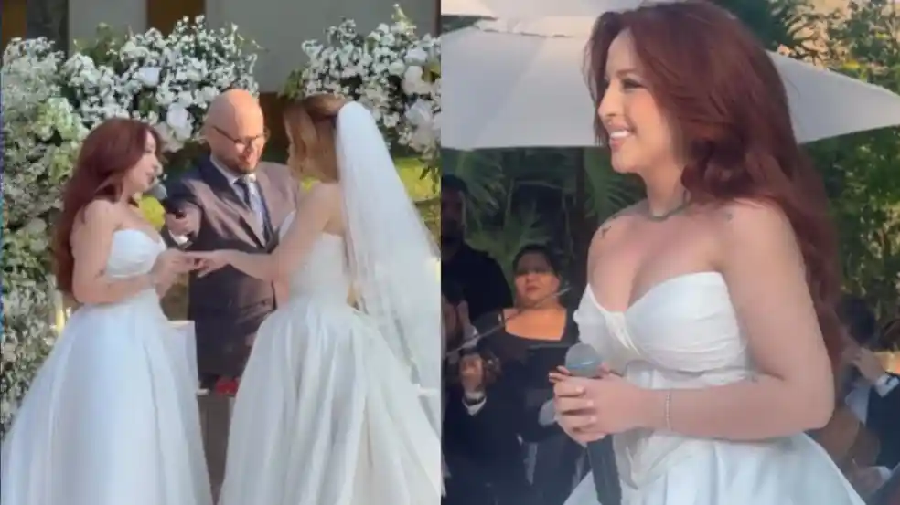 Imagem de Mari Fernandez emociona público ao cantar na entrada de Júlia Ribeiro durante casamento