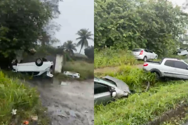 Imagem de Carro capota na BR-324, e outros veículos saem da pista
